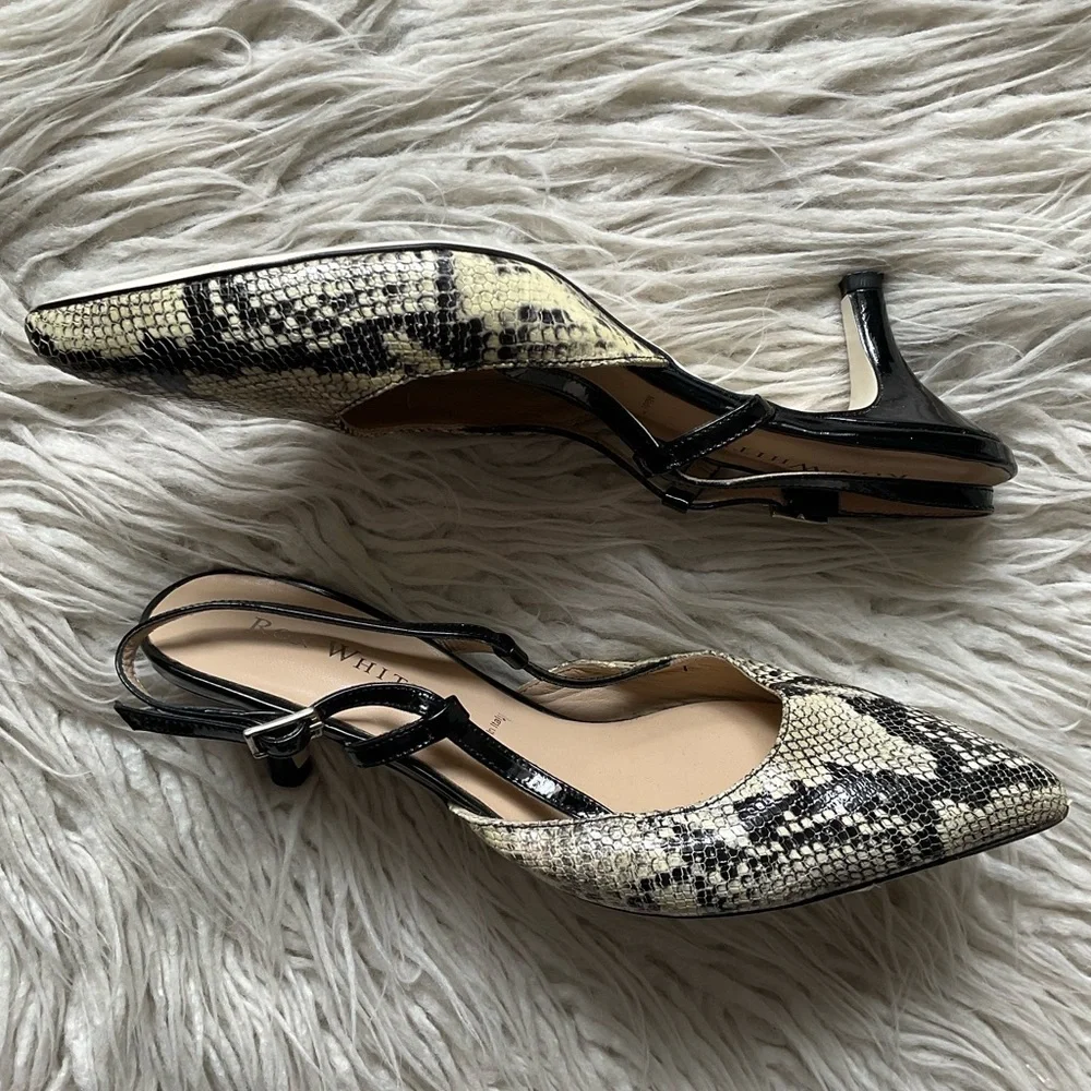 Ron White Black Snake Embossed Leather Slingback Pointed Toe Pumps EUC Size 37.5